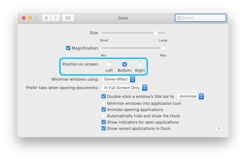 Screenshot of the System Preferences highlighting the Dock position options