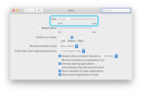 Screenshot of the Dock System Preferences window highlighting the Size slider