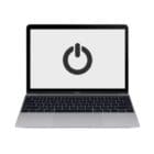 Photograph of a MacBook with a Power Icon on the screen