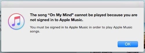 Screenshot of the 'Not signed in to Apple Music' error message