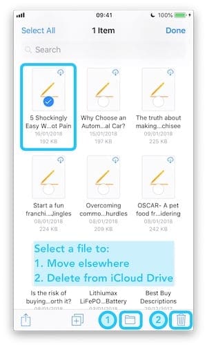 Screenshot of Files app on iPhone highlighting how to move or delete a file