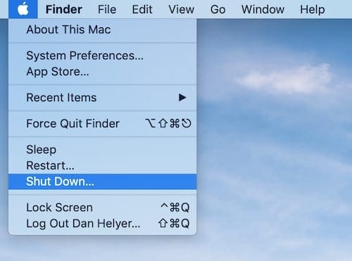 Screenshot of the Apple menu highlighting the Shut Down option