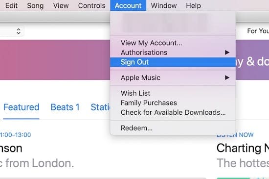 Screenshot of the Sign Out option from the iTunes menu bar