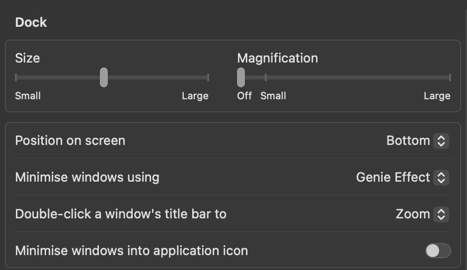 Sizing options for System Settings dock