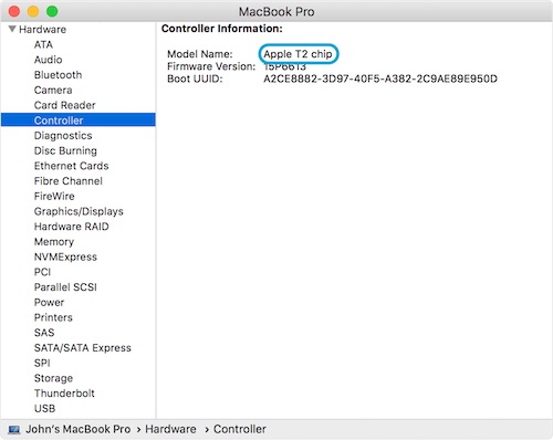 Screenshot of the System Information window showing the T2 Chip