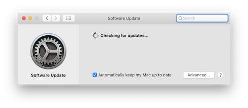 Screenshot of macOS System Preferences searching for updates