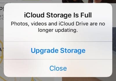 Screenshot of iPhone alert saying: iCloud Storage is Full