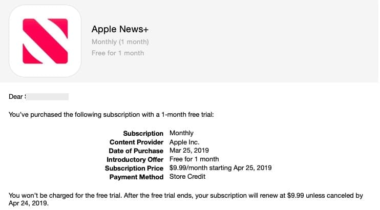 Apple News + subscription confirmation
