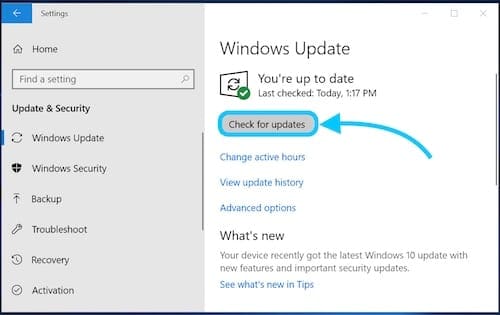 Screenshot of the Check for Updates button in Windows 10