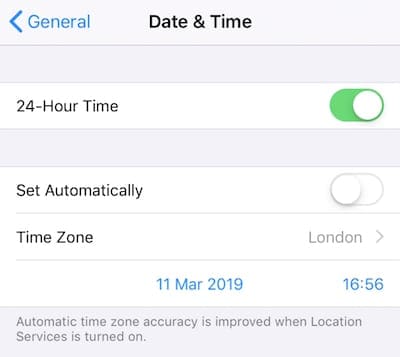 Screenshot of the Date & Time settings with Set Automatically turned off