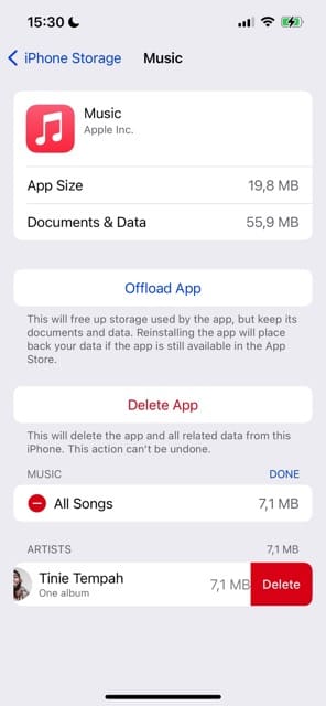 Delete Music in the Settings App