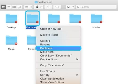 Screenshot of blocked user folders and the Duplicate folder option