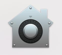 Mac security logo, which is a house with a safe lock on it.