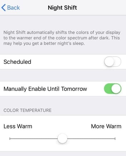 Enable Night Shift mode manually on iPhone