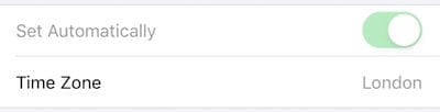 Screenshot of the Set Automatically button grayed out in iPhone Date & Time settings