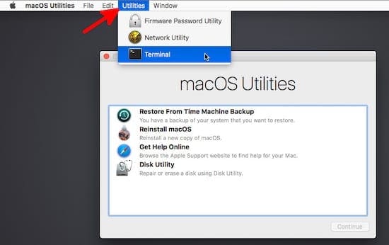 Screenshot of macOS Recovery mode highlighting Utilities > Terminal in the menu bar