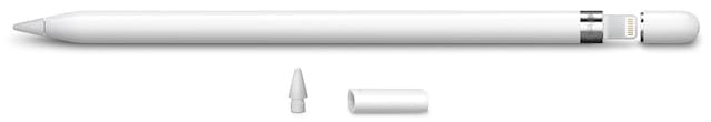Apple Pencil with spare tip and lightning adapter.