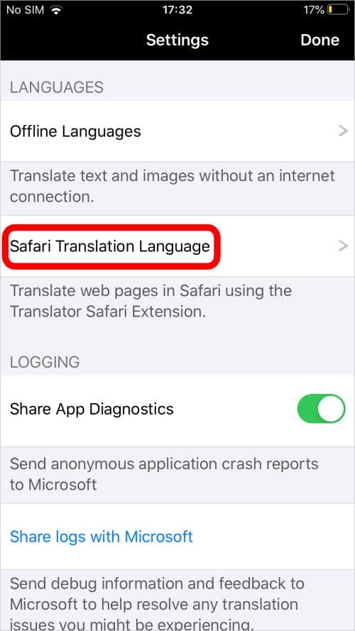 Safari Translation Language option in Microsoft Translator