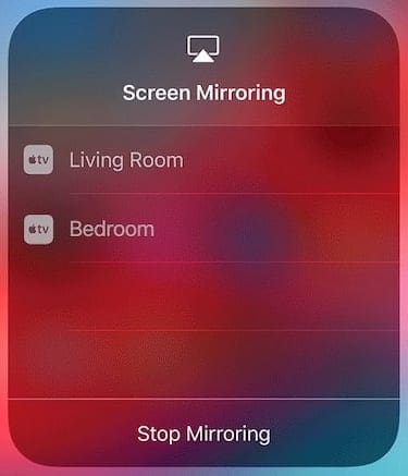 Screen Mirroring option on iPhone XS.
