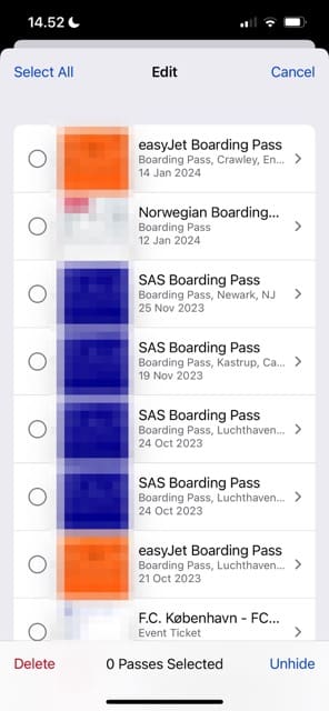 Tick the Apple Wallet passes you want to remove