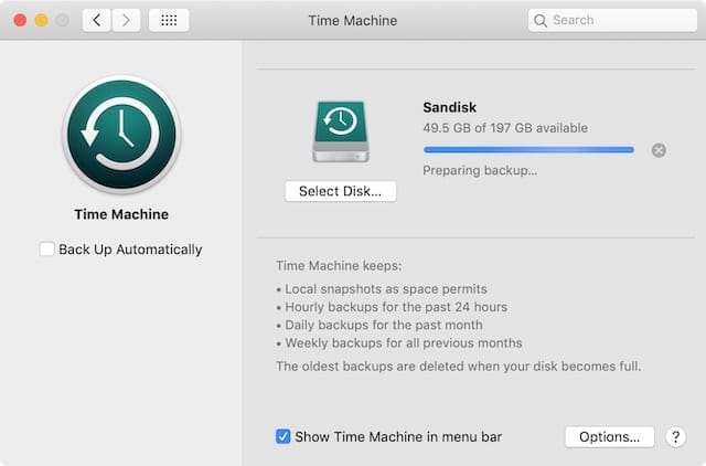 Time Machine preparing to backup System Preferences window.