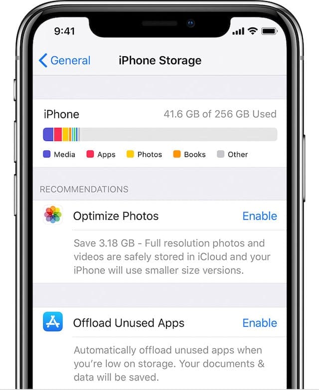 iOS iPhone Storage menu