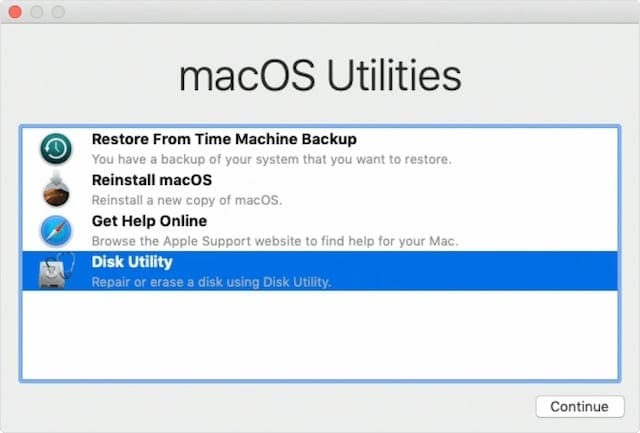 Disk Utility option in macOS Recovery Mode Utilities window