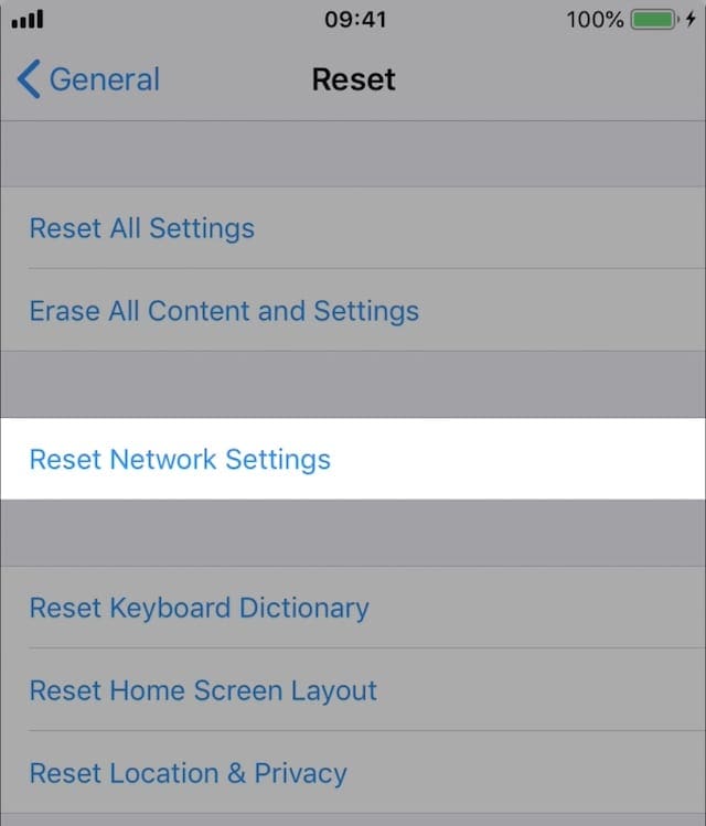 Reset Network Settings option in iOS.