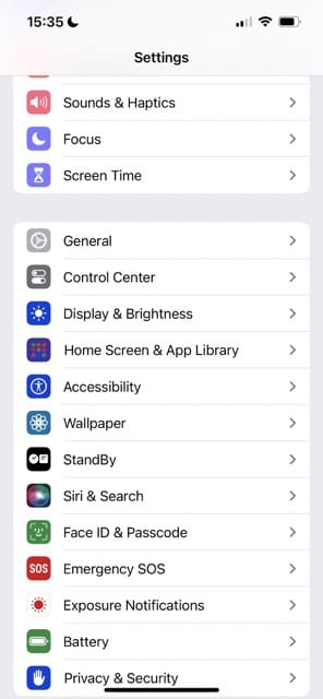 Settings app interface on iOS 17