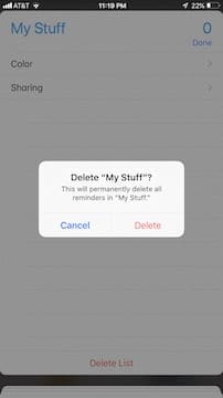 Verify delete in reminders on iPhone.
