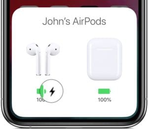 Animation of AirPods case charging on iPhone X.