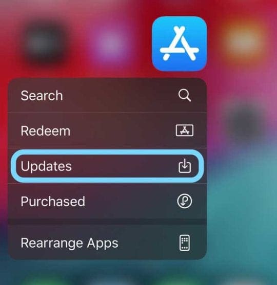 quick action options to update from app store icon with long press