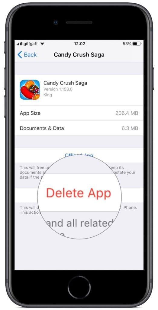 Delete Candy Crush App from iPhone Settings2