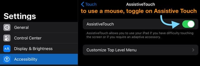 to use mouse on iPad or iPhone, toggle on assistive touch