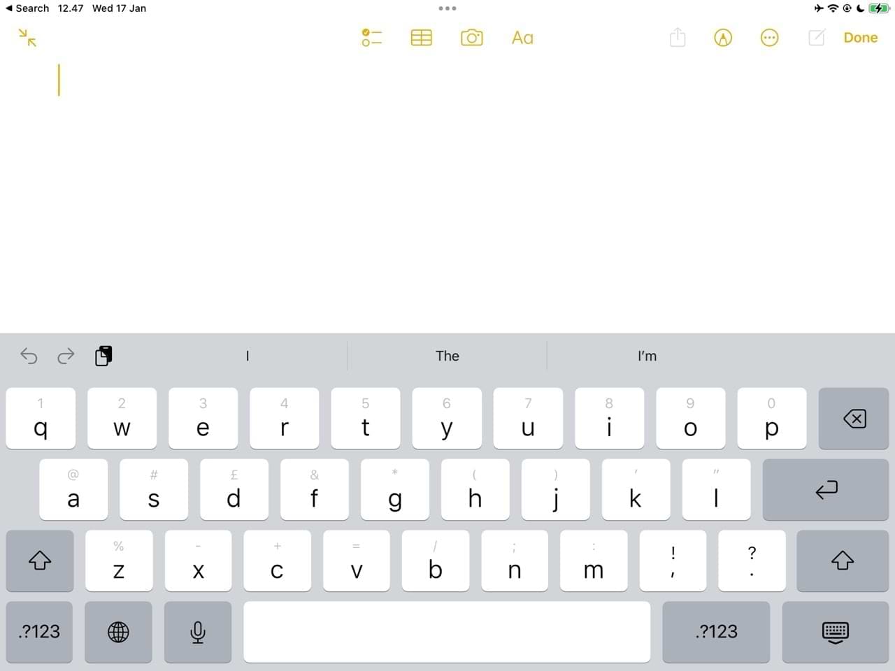 The Notes app on an iPad with the on-screen keyboard present