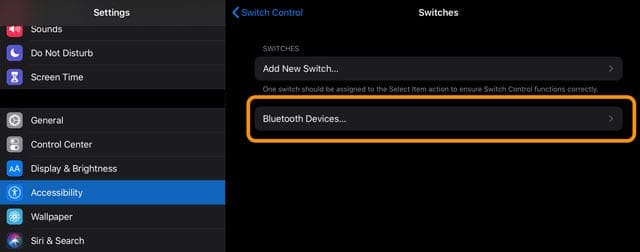 bluetooth devices in switch control accessibility settings iPadOS