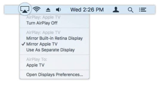 AirPlay options in Mac menu bar