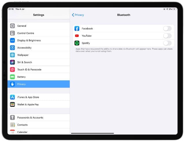 Bluetooth Privacy Settings in iPadOS or iOS 13