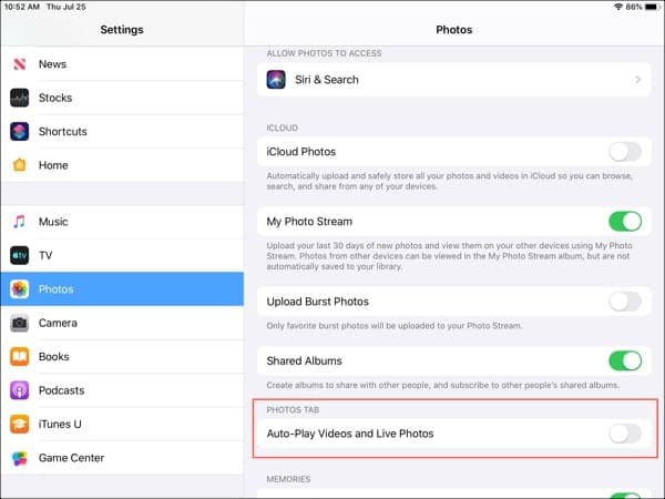 Disable autoplay for live photos videos iPad