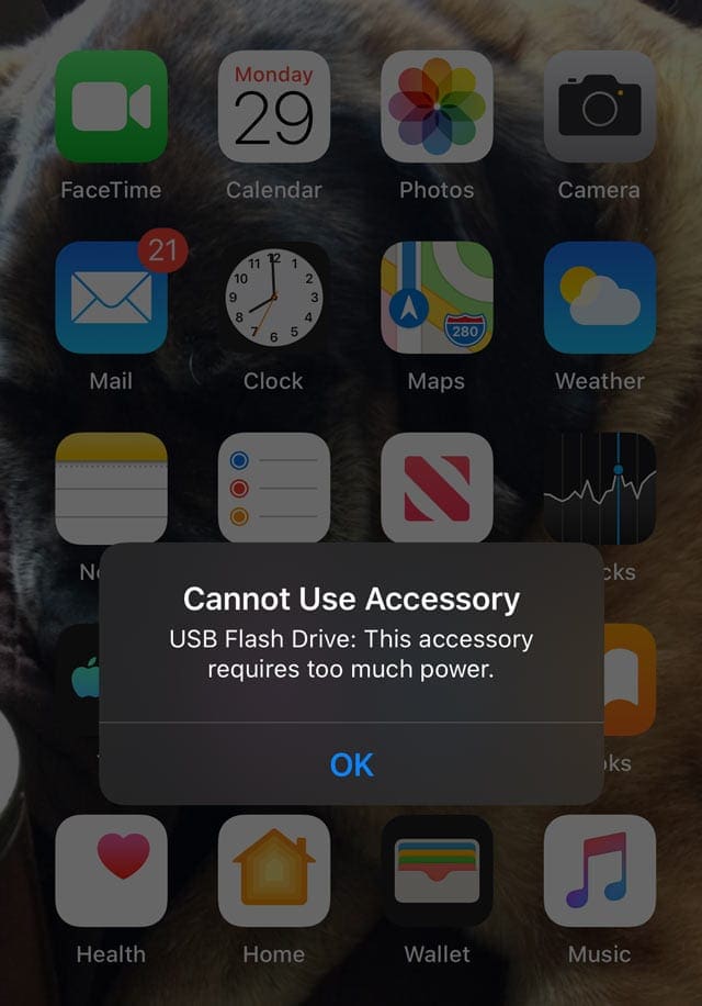cannot use accessory for USB Flash drive, requires too much power