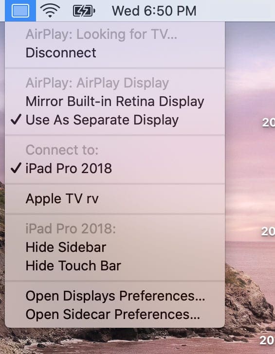 Sidecar airplay menu options for iPad