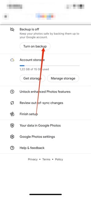 Turn on Backup in Google Photos Screenshot