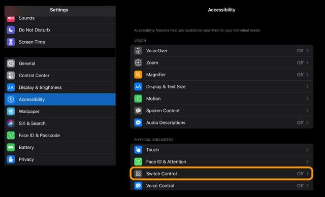 switch control feature in accessibility