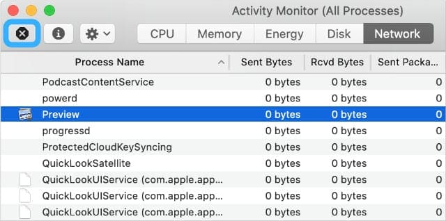 Activity Monitor highlighting Preview and the Stop button