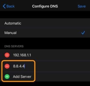 добавить новый DNS-сервер на iPhone, iPad или iPod