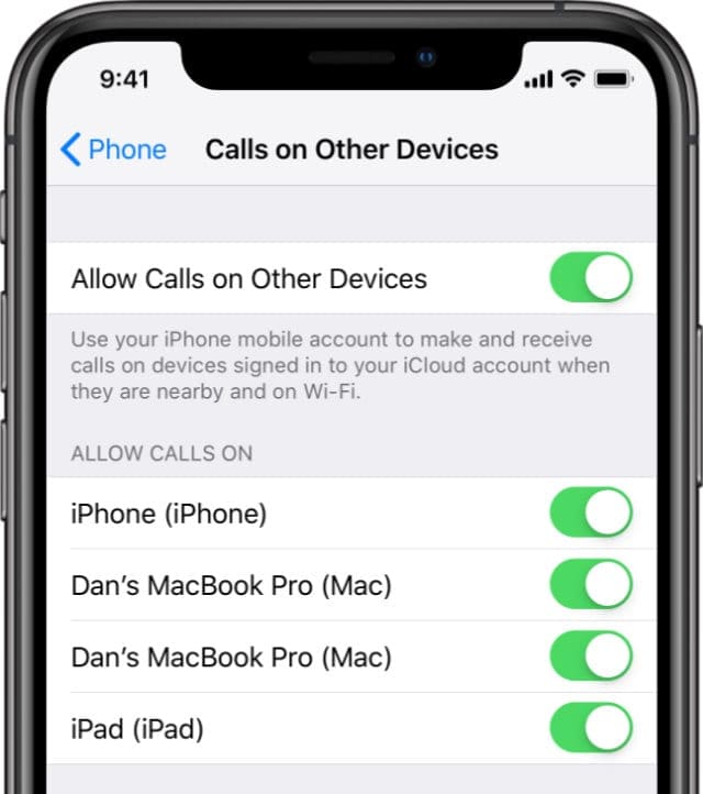 Allow Calls on Other Devices options on iPhone XS