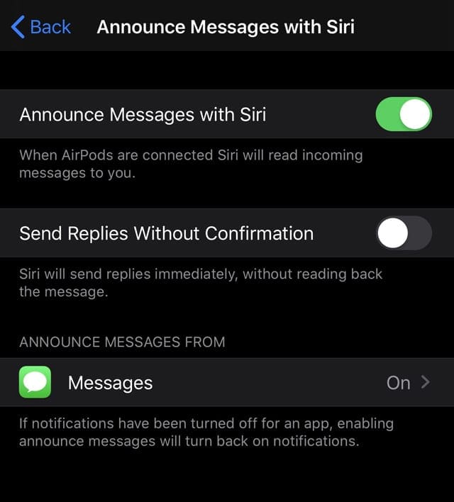 settings for announce messages with Siri for AirPods on iPhone iOS 13 and iPadOS