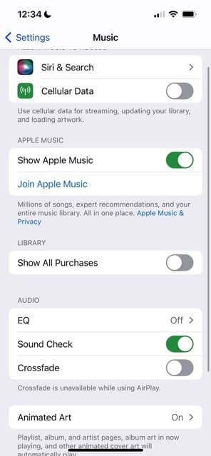 The different settings for Apple Music on iOS
