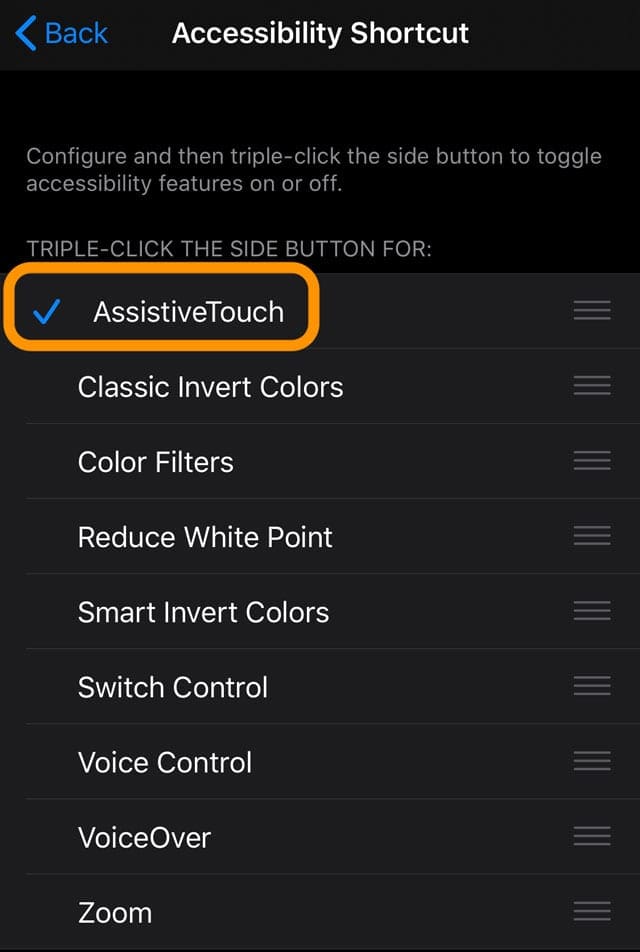 select AssistiveTouch as your Accessibility shortcut