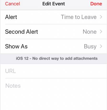 Attachments via Notes in iOS 12 Calendar app
